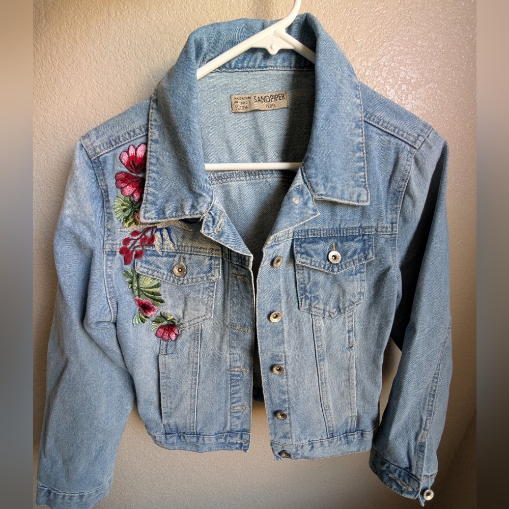 Blue Denim Jacket with Floral Embroidery